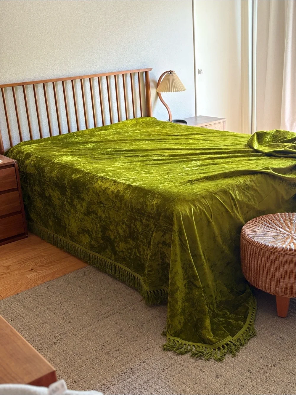 Vintage MCM Bedspread Plush Velvet Bedspread in Olive Green with Fringe